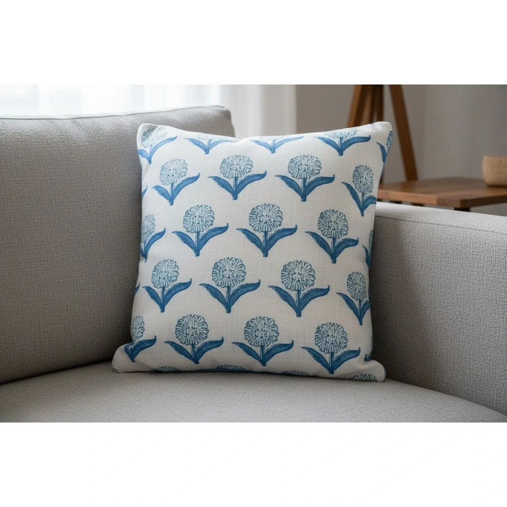 Rudransha Cosmos Floral Printed Throw Pillow Cover 19x19 Blue White